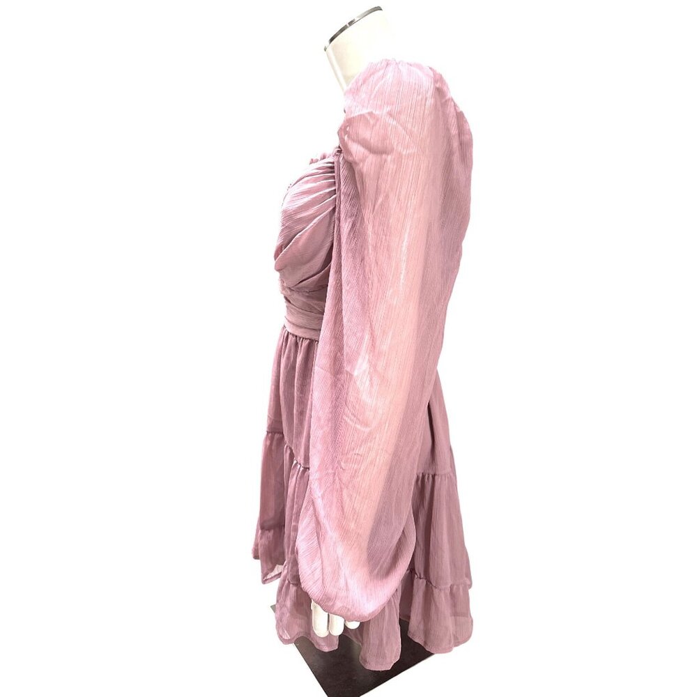 Windsor L Mauve Ruched Bust Smocked Back Puff Sleeve Tiered Mini Dress Party Y2K - Picture 3 of 10